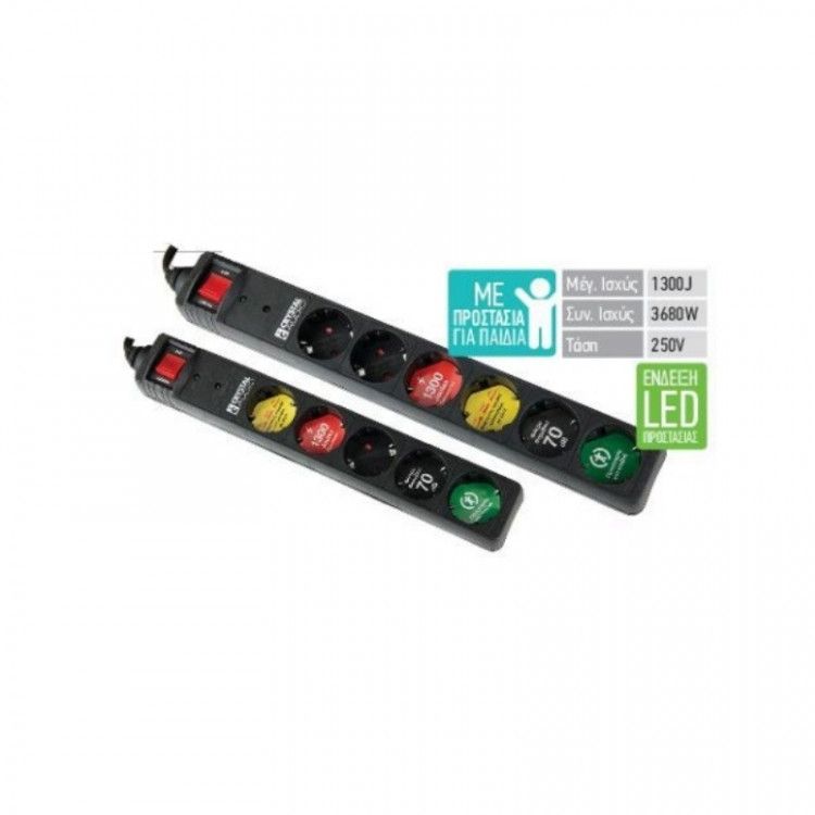 ΠΟΛΥΜΠΡΙΖΟ ΑΣΦΑΛΕΙΑΣ ΥΠΕΡΤΑΣΗΣ, 1,5m 230V, ΔΙΑΚΟΠΤΗ ON/OFF, 6 ΘΕΣΕΙΣ, ΜΑΥΡΟ, CRYSTAL AUDIO