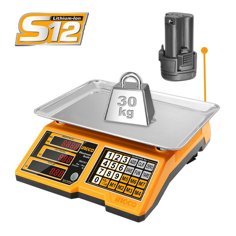 Ψηφιακή Επιτραπέζια Ζυγαριά Έως 30kg Μπαταρίας 12V Li-Ion CES1223 INGCO