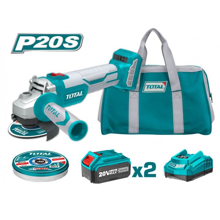 TOTAL ΣΕΤ ΓΩΝΙΑΚΟΣ ΤΡΟΧΟΣ 115mm ΜΠΑΤ.Li-ion 20V/4Ah/2 ΜΠΑΤ(TCKLI2011)