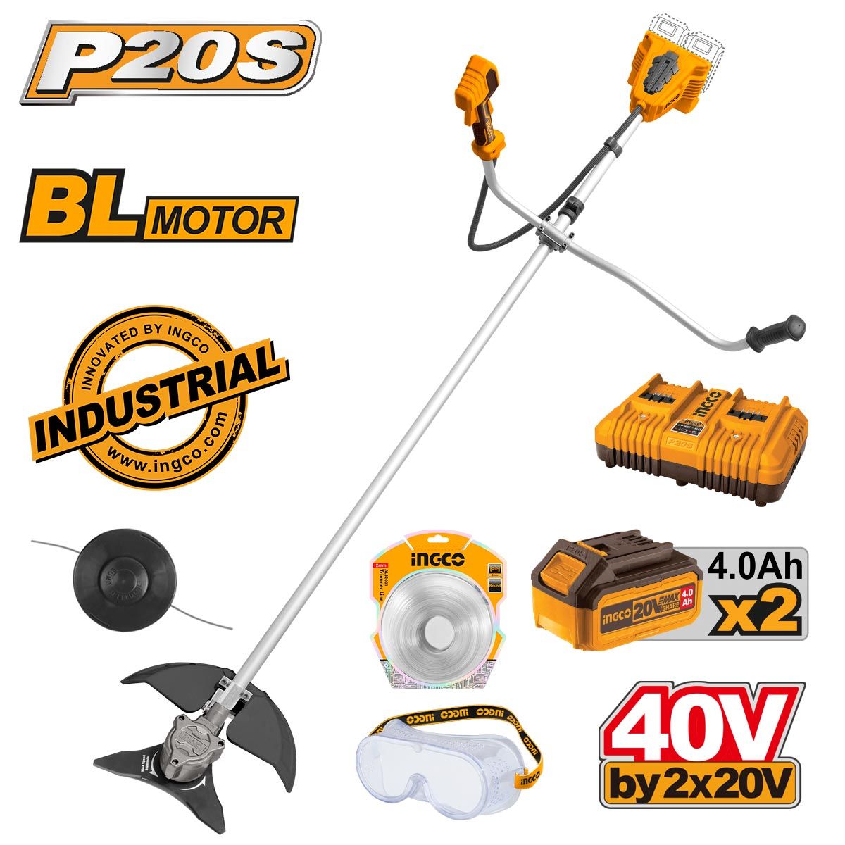 Ingco CSTLI202522 Χορτοκοπτικό Μπαταρίας Ώμου / Χειρός 20V 4Ah 4kg